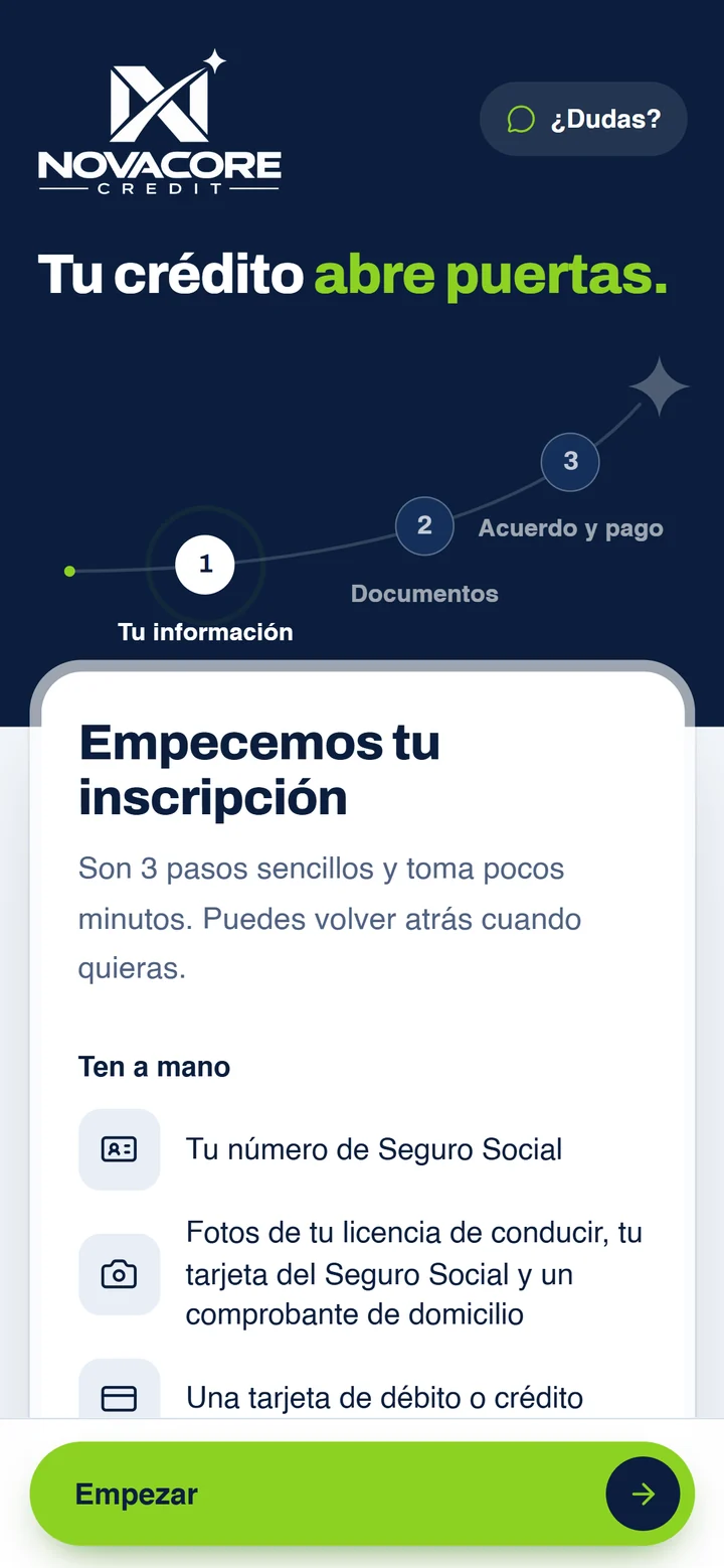 Inicio del formulario de inscripción de NovaCore en un celular, con los 3 pasos