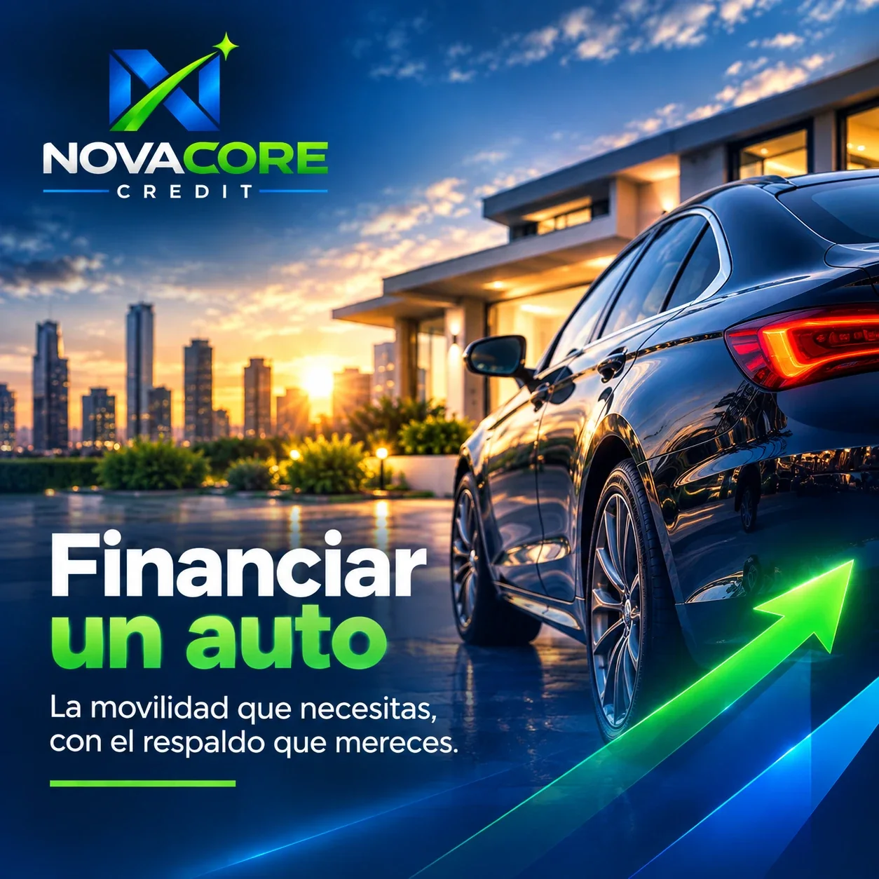Auto frente a una casa moderna al atardecer. Financiar un auto: la movilidad que necesitas, con el respaldo que mereces.