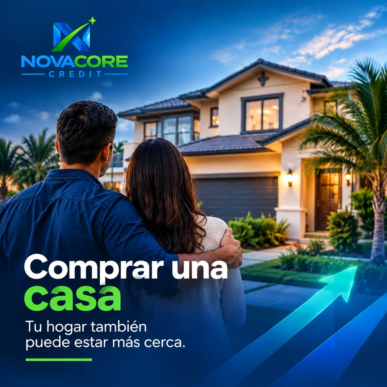 Pareja frente a su nueva casa. Comprar una casa: tu hogar también puede estar más cerca.